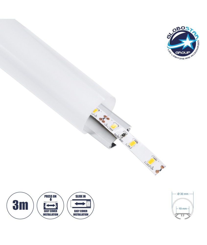 GLOBOSTAR® ALP-ROUND TUBIT 70853-3M Επιφανειακό & Κρεμαστό Προφίλ Αλουμινίου με Λευκό Γαλακτερό Πατητό Κάλυμμα για Ταινίες LED IP20 - Ασημί & Λευκό - Μ300 x Π3 x Υ3cm